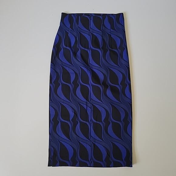 Zara Geometric Print Ruched Satin Midi Pencil Skirt Thigh High Side Slit Retro - Picture 5 of 12